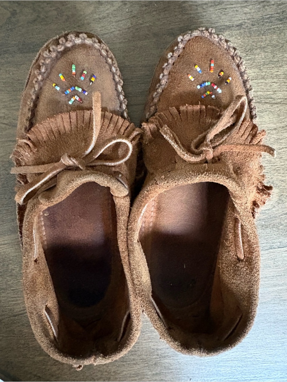Brown Suede Beaded Moccasin Flats